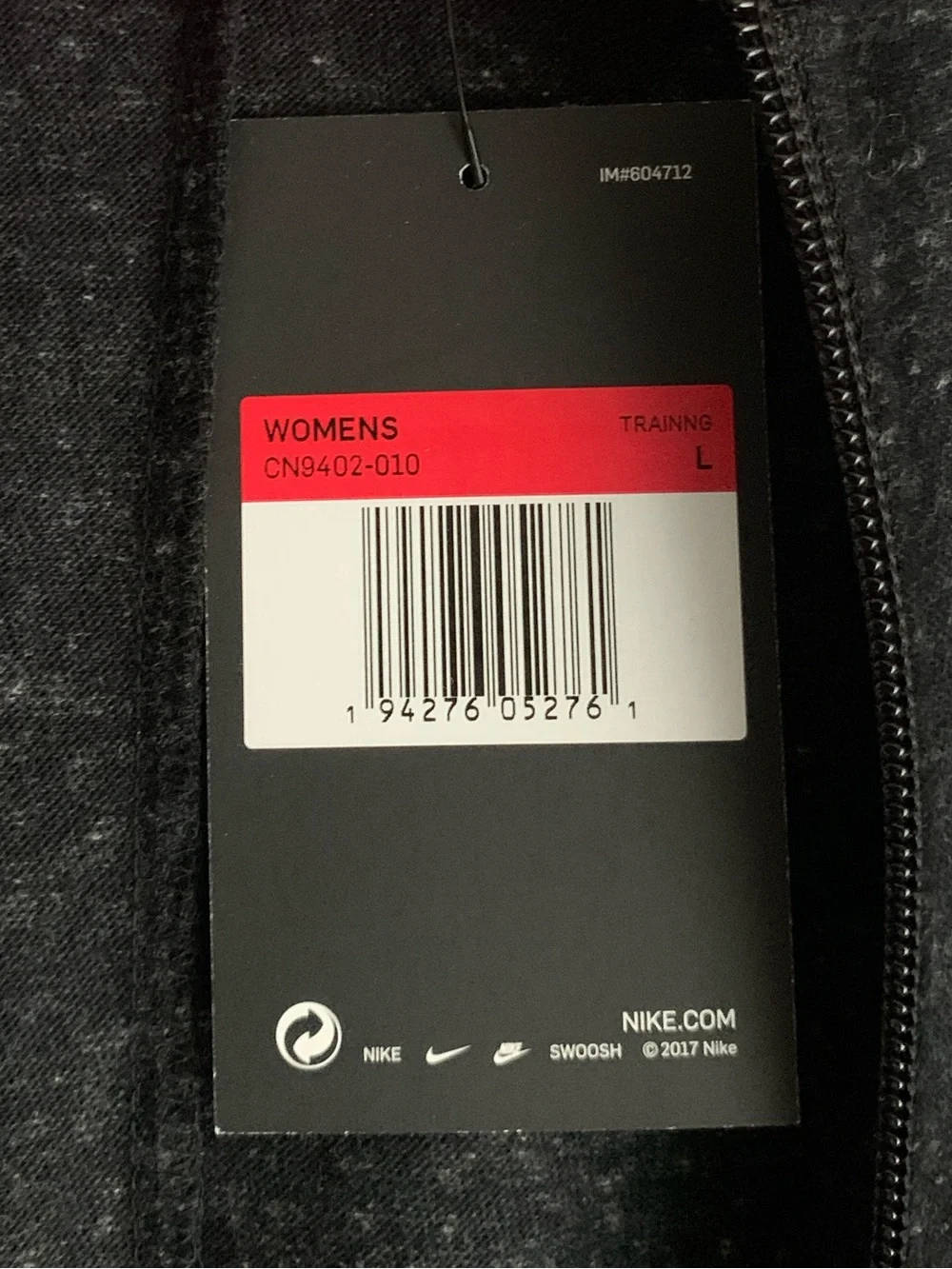 NWT Nike Women’s Dark Heather Black Zip Hoodie with White Swoosh
